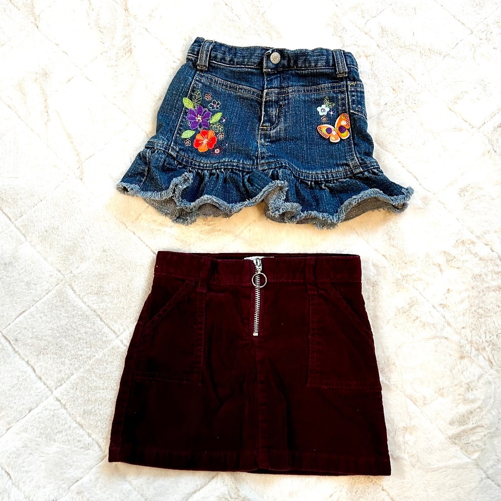 THE CHILDREN’S PLACE Denim Skirt and Burgundy Corduroy Skirt Bundle SIZE 4 - Picture 1 of 7